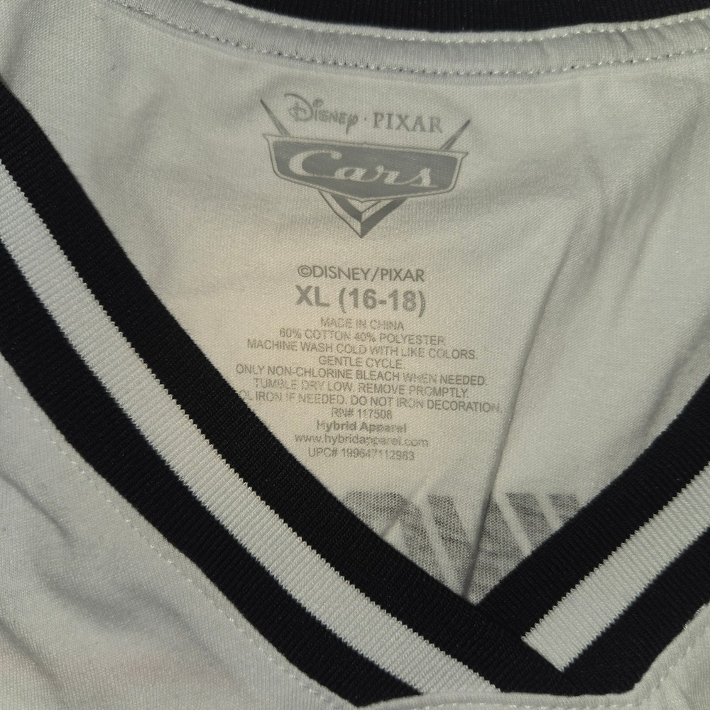 Disney Pixar Cars Lightning McQueen Graphic Jersey Tee XL 16-18 White Black NWT - Picture 3 of 5